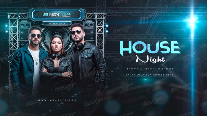 Banner Festa House Evento DJ Balada Template Horizontal PSD Editável