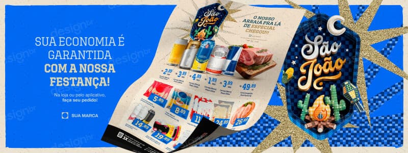 Carrossel São João e Festa Junina com Encarte de Ofertas Supermercado Outdoor PSD Editável